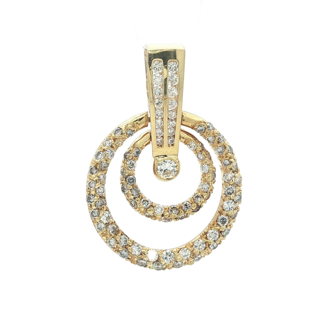 18k Yellow Gold 1.86ctw Round Diamond Dual Circle Pendant: 18k Yellow Gold 1.86ctw Round Diamond Dual Circle Pendant This stunning pendant features a dual circle design, masterfully crafted in solid 18k yellow gold and accented with 89 round brilliant cut dia