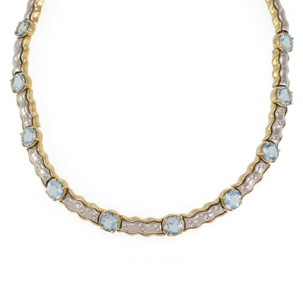 Estate 40ct Aquamarine Diamond 18k Two Tone Gold Collar Necklace: Estate 40ct Aquamarine Diamond 18k Two Tone Gold Collar Necklace Presenting an exquisite Estate collar necklace, meticulously crafted from 18k yellow and white gold with a polished finish. This stunni