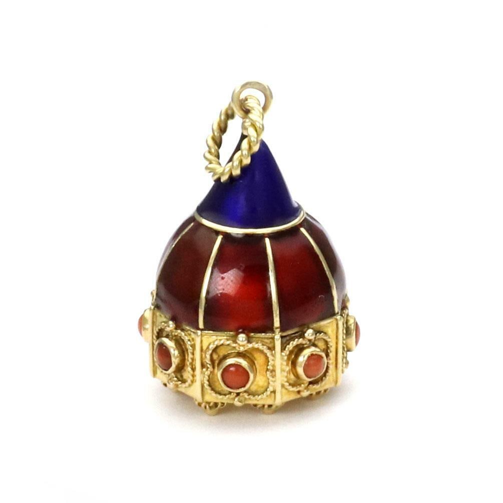 Rare Vintage 18k Gold Etruscan Coral Enamel Charm Pendant: Rare Vintage 18k Gold Etruscan Coral Enamel Charm Pendant This exquisite vintage charm pendant features a bell shape crafted from 18k yellow gold, adorned with vibrant red and blue enamel. The charm i