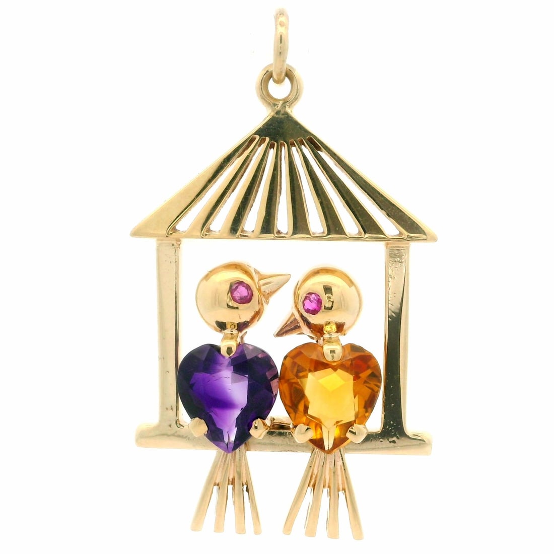 Handmade 14k Yellow Gold Lovebirds Amethyst Citrine Heart Pendant: Handmade 14k Yellow Gold Lovebirds Amethyst Citrine Heart Pendant This exquisite pendant features a beautiful design of two lovebirds on a cage, crafted from handmade 14k yellow gold. The pendant is a