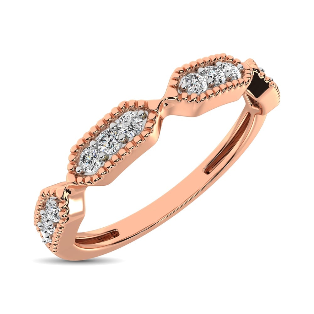 Beaded Style Band set with 1/6 Ct.tw Diamond in 14K Rose Gold: Beaded Style Band set with 1/6 Ct.tw Diamond in 14K Rose Gold Crafted in precious 14K rose gold, this slim design pairs individual diamonds with quartets of diamonds in milgrain-detailed frames for an