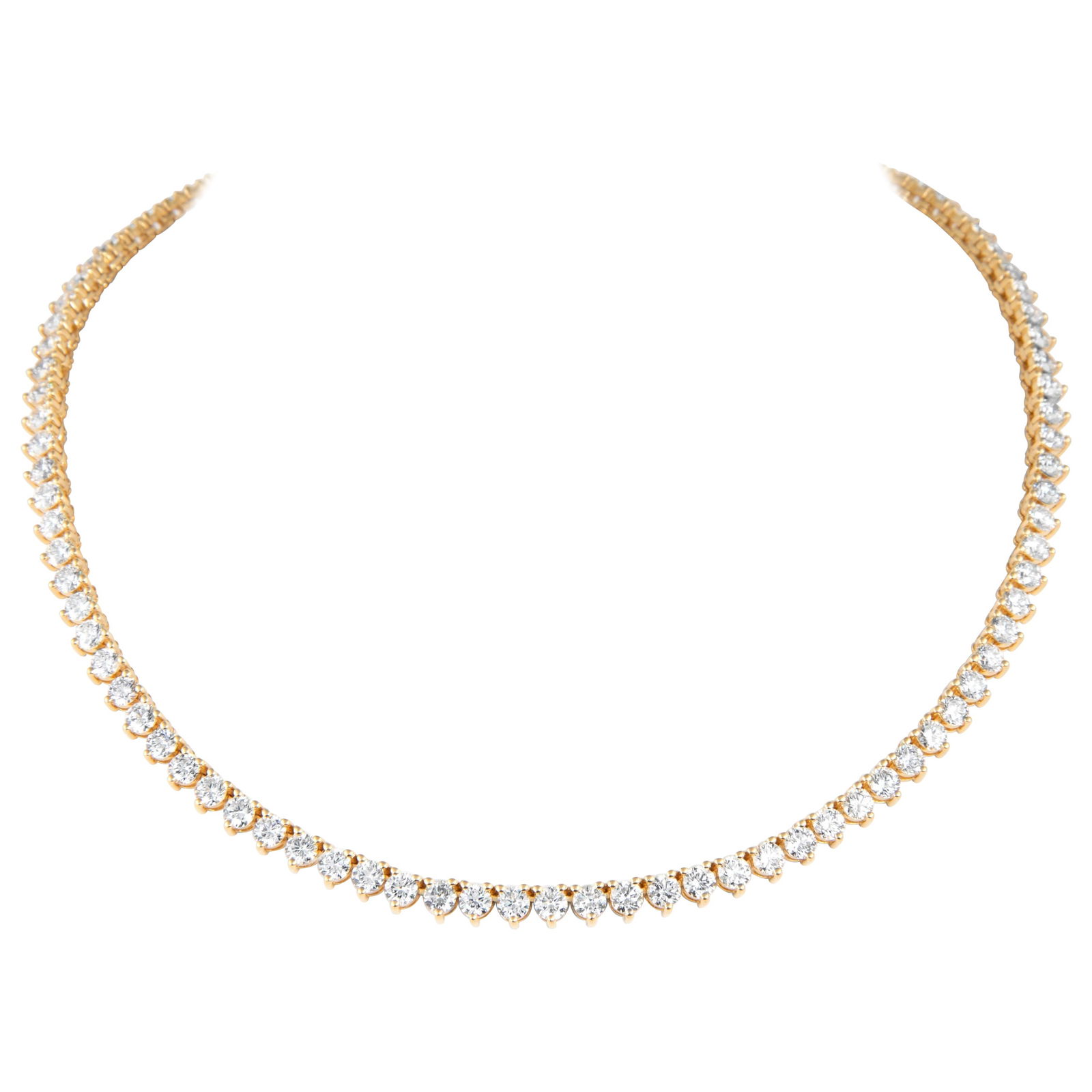 19.42ct Diamond Tennis Necklace 18k Gold: 19.42ct Diamond Tennis Necklace 18k Gold This stunning 19.42ct Diamond Tennis Necklace features a classic three-prong setting in luxurious 18k yellow gold. It is adorned with 98 round brilliant diamon