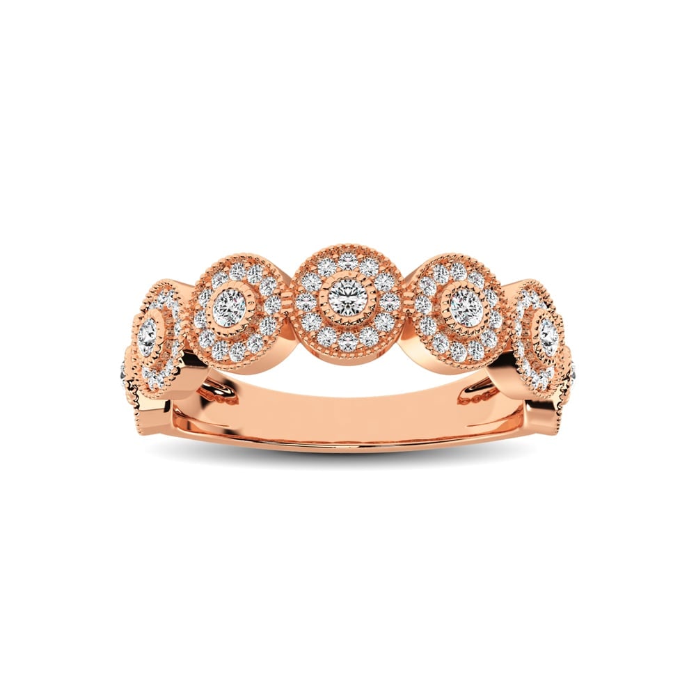 14K Rose Gold 1/2 Ct.Tw. Diamond Stackable Band: 14K Rose Gold 1/2 Ct.Tw. Diamond Stackable Band This glamorous ring is available in 14K Rose Gold. There are 91 round diamonds with a total carat weight of 1/2 Ct.Tw. set in a Bezel / Shared Prong set