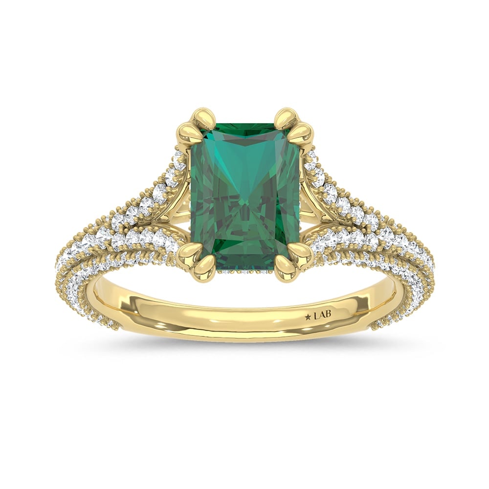 14K Yellow Gold Lab Grown Diamond 2 3/4 Ct.Tw. Green Radiant Engagement Ring (Center 2 ct): 14K Yellow Gold Lab Grown Diamond 2 3/4 Ct.Tw. Green Radiant Engagement Ring (Center 2 ct) Celebrate elegance with this 14K Yellow Gold Engagement Ring, featuring a stunning 2-carat lab-grown green ra