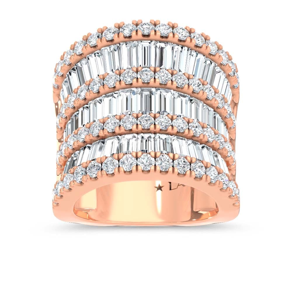 14K Rose Gold Lab Grown Diamond Round and Tapper 5 Ct.Tw. Round and Tapper Fashion Band: 14K Rose Gold Lab Grown Diamond Round and Tapper 5 Ct.Tw. Round and Tapper Fashion Band This striking 14K Rose Gold fashion ring is adorned with round and tapered lab grown diamonds totaling 5 Ct.Tw.,