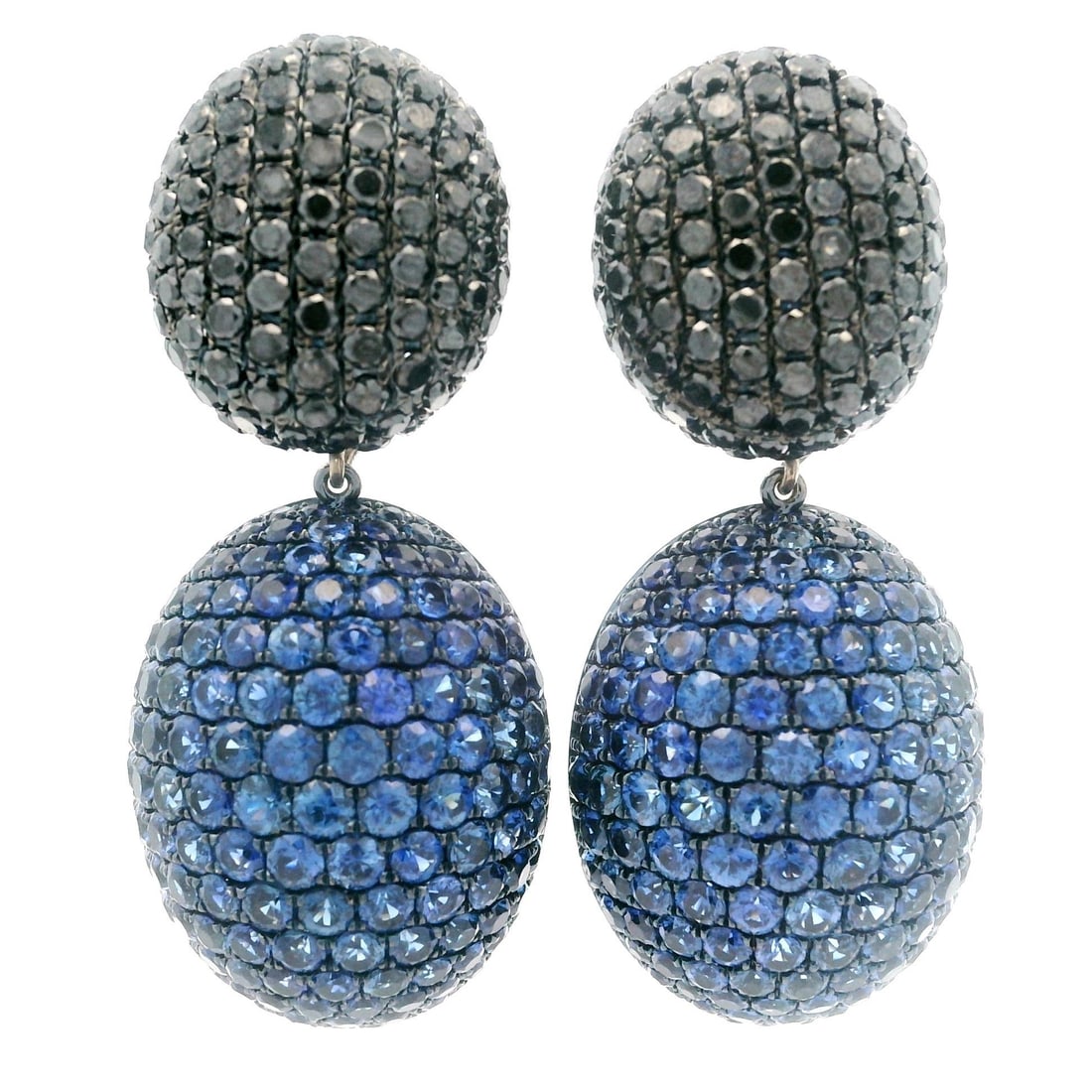 18k White Gold Black Diamond Sapphire Dangle Drop Earrings: 18k White Gold Black Diamond Sapphire Dangle Drop Earrings Elevate your style with these stunning 18k Gold Pave Black Diamond and Sapphire Day Night Dangle Drop Omega Earrings. Featuring a captivating