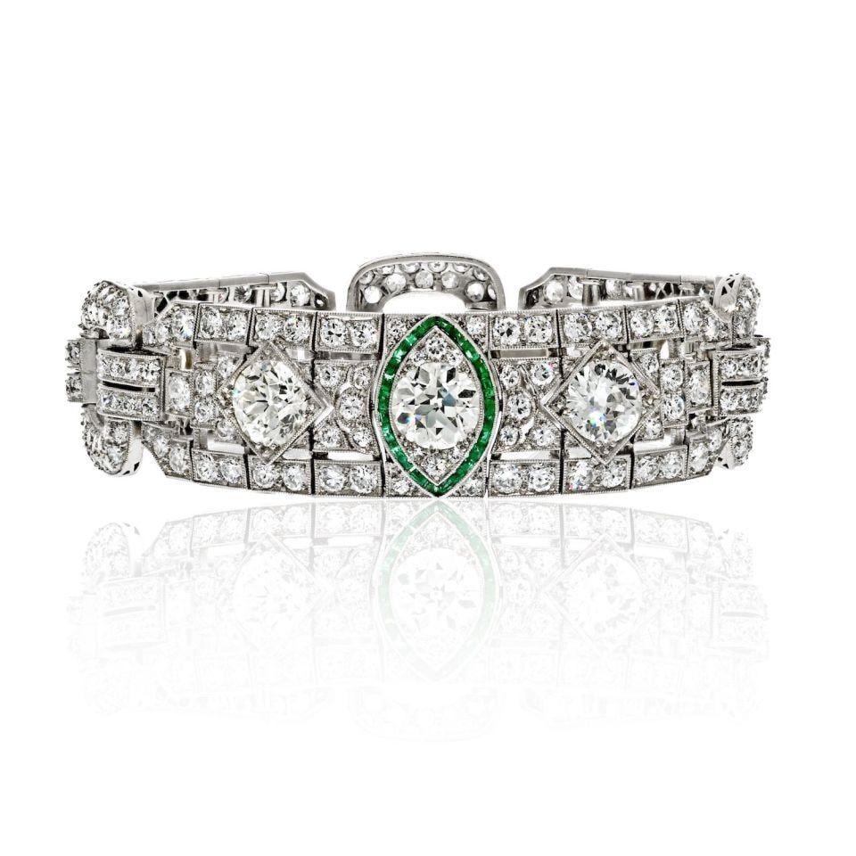 Art Deco Platinum Bracelet With 16ct Diamonds And Green Emerald Accents (1 of 4)