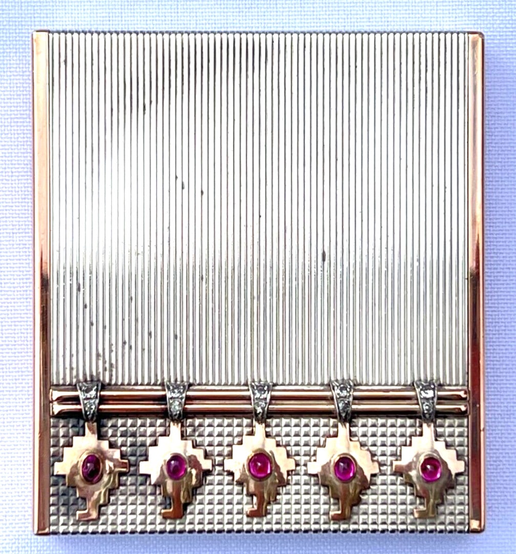 Ghiso French Art Deco 14K Rose Gold Silver Jewelry Box with Diamonds and Rubies: Ghiso French Art Deco 14K Rose Gold Silver Jewelry Box with Diamonds and Rubies This exquisite French Art Deco jewelry box, crafted by Ghiso, showcases a stunning combination of 14K rose gold and silv