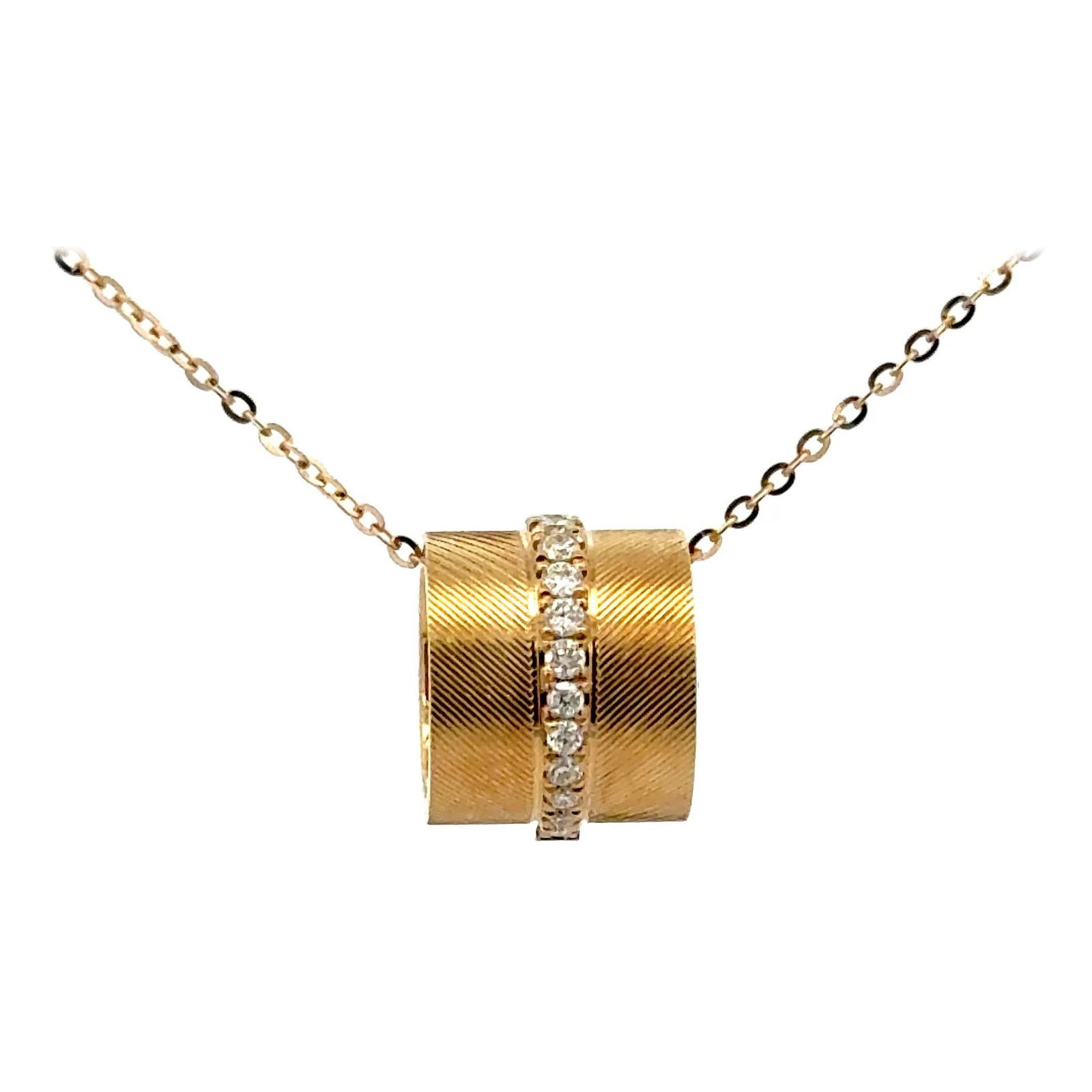 Contemporary Barrel Pendant Necklace 18K Yellow Gold 0.10ct Diamonds: Contemporary Barrel Pendant Necklace 18K Yellow Gold 0.10ct Diamonds This elegant barrel-style pendant necklace is crafted from luxurious 18K yellow gold and features a stunning row of 13 brilliant ro