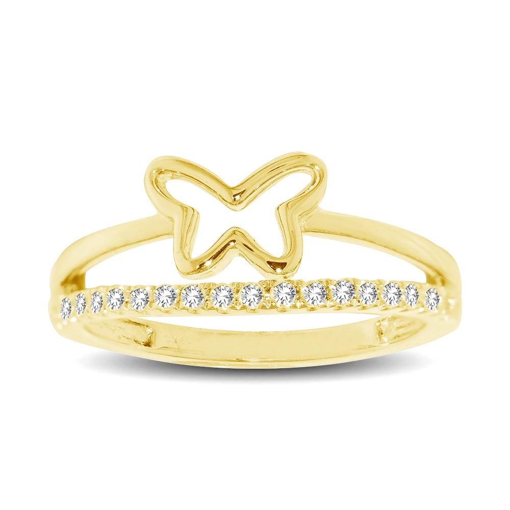 10K Yellow Gold 1/5 Ct.tw Diamond Butterfly Ring: 10K Yellow Gold 1/5 Ct.tw Diamond Butterfly Ring This eye-catching ring is available in 10K Yellow Gold. There are 16 round diamonds with a total carat weight of 1/5 Ct.Tw. set in a prong setting. 10k