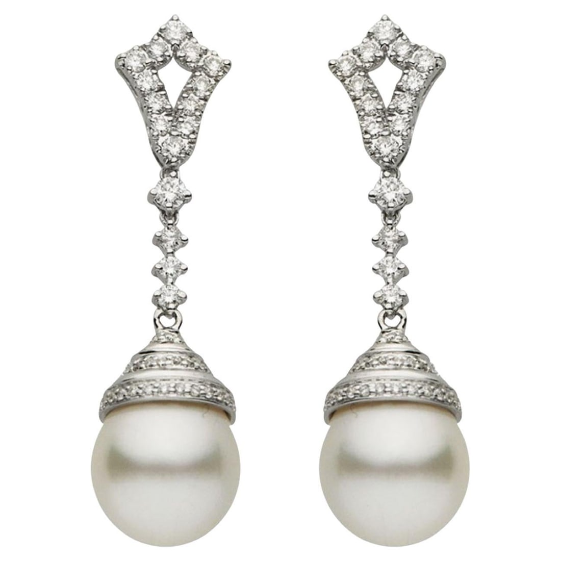 Harbor Diamonds 18K White Gold South Sea Pearl Diamond Drop Earrings: Harbor Diamonds 18K White Gold South Sea Pearl Diamond Drop Earrings Elevate your elegance with these stunning 18K white gold drop earrings. Each earring showcases two exquisite South Sea pearls, meas