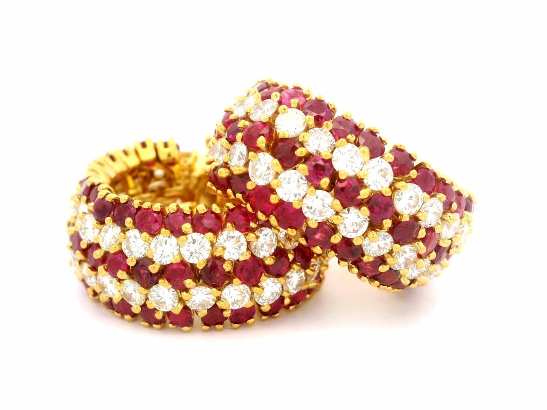 Handmade Vintage 18k Gold Cuff Hoop Earrings with Ruby and Diamond: Handmade Vintage 18k Gold Cuff Hoop Earrings with Ruby and Diamond Discover the exquisite craftsmanship of these substantial cuff hoop earrings, featuring a stunning combination of natural rubies and