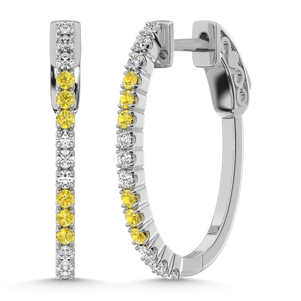 14K White Gold 5/8 Ct.Tw. Alternate 3 White and 3 Yellow Lab Grown Hoop Earrings: 14K White Gold 5/8 Ct.Tw. Alternate 3 White and 3 Yellow Lab Grown Hoop Earrings Crafted in 14K white gold, these elegant hoops display 5/8 Ct.Tw. of alternating white and yellow lab grown diamonds fo