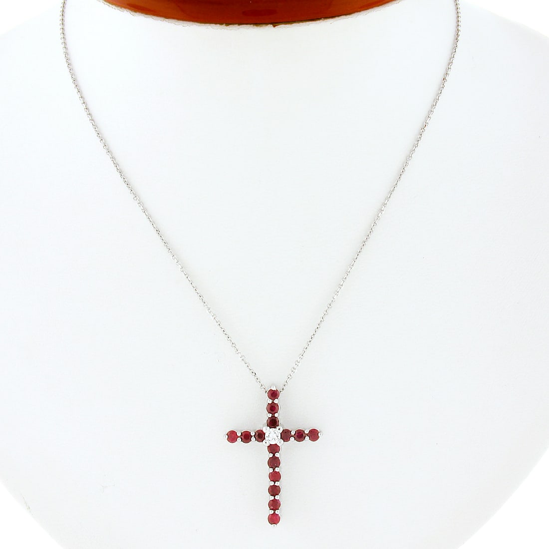 14K White Gold Ruby Diamond Cross Pendant Necklace 1.70ctw (1 of 7)