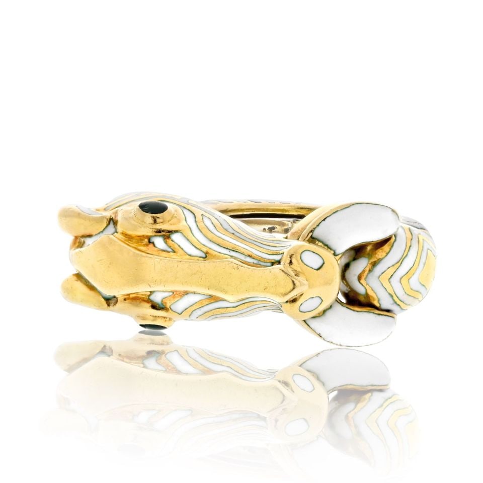 David Webb Platinum 18K Yellow Gold Zebra Enamel Ring: David Webb Platinum 18K Yellow Gold Zebra Enamel Ring Explore the wild elegance of this stunning estate ring by David Webb, featuring a striking design that mimics a white zebra adorned with captivati