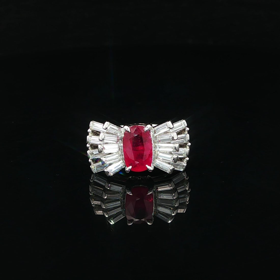 Vintage Platinum GIA 2.49ct Natural Ruby Diamond Ribbon Bow Cocktail Ring: Vintage Platinum GIA 2.49ct Natural Ruby Diamond Ribbon Bow Cocktail Ring This stunning vintage cocktail ring features a genuine natural ruby in an elongated cushion cut, beautifully claw prong set, a