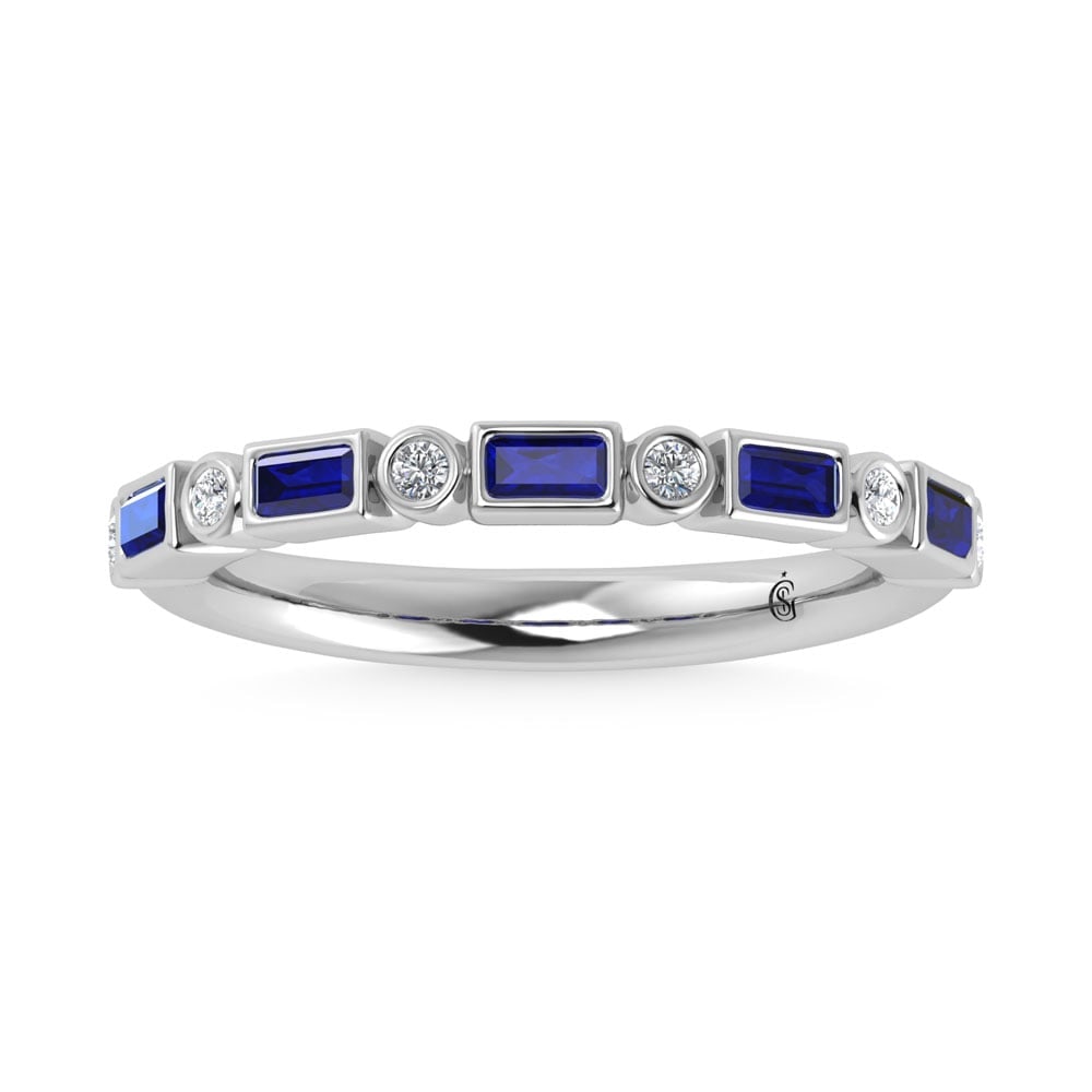 14K White Gold 3/8 Ct.Tw. Alternate Diamond and Blue Sapphire Stackable Band: 14K White Gold 3/8 Ct.Tw. Alternate Diamond and Blue Sapphire Stackable Band 14k White Gold Stone Color: G-h Stone Clarity: Aaa / Si2 This item may take 2-5 weeks for shipping. PLEASE NOTE: Framed, La