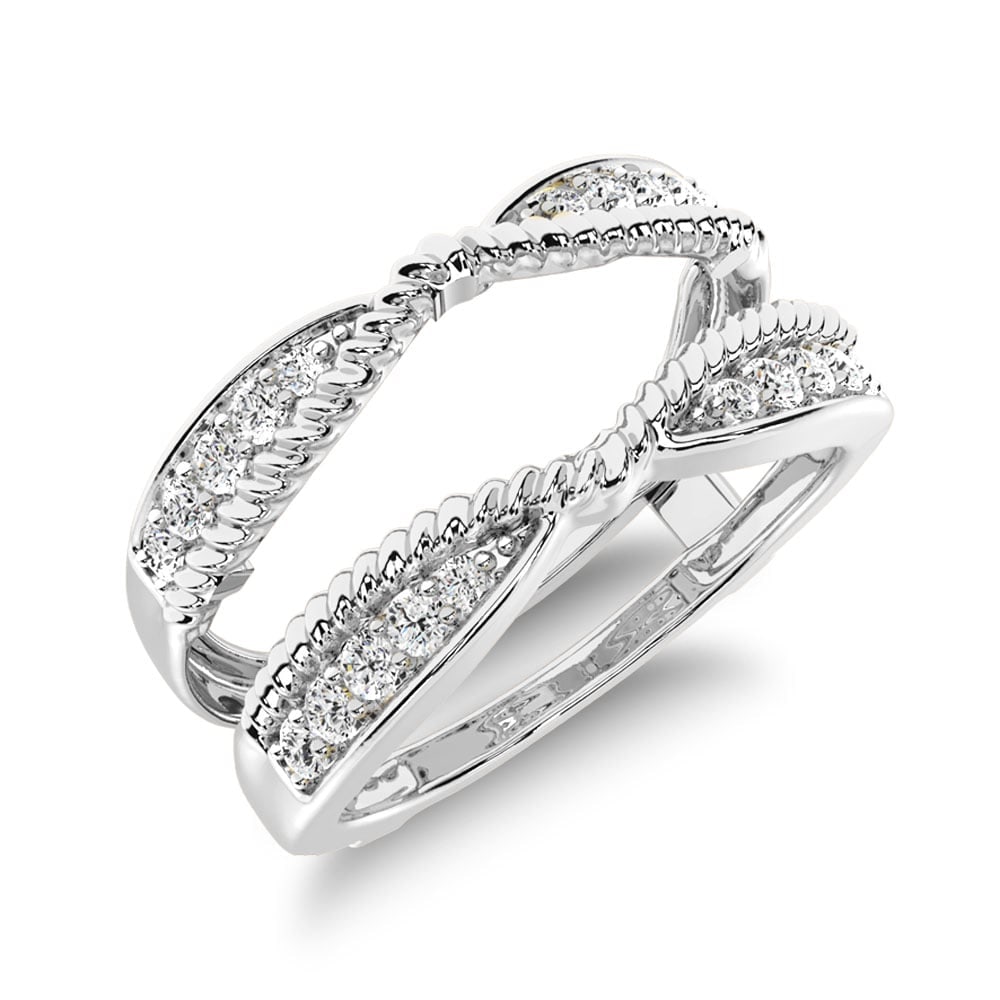 14K White Gold 1/4 Ct.Tw. Diamond Rope Twist Guard Ring: 14K White Gold 1/4 Ct.Tw. Diamond Rope Twist Guard Ring This beautiful Guard ring is available in 14K White Gold. There are 20 round diamonds with a total carat weight of 1/4 Ct.Tw. set in a Shared Pr