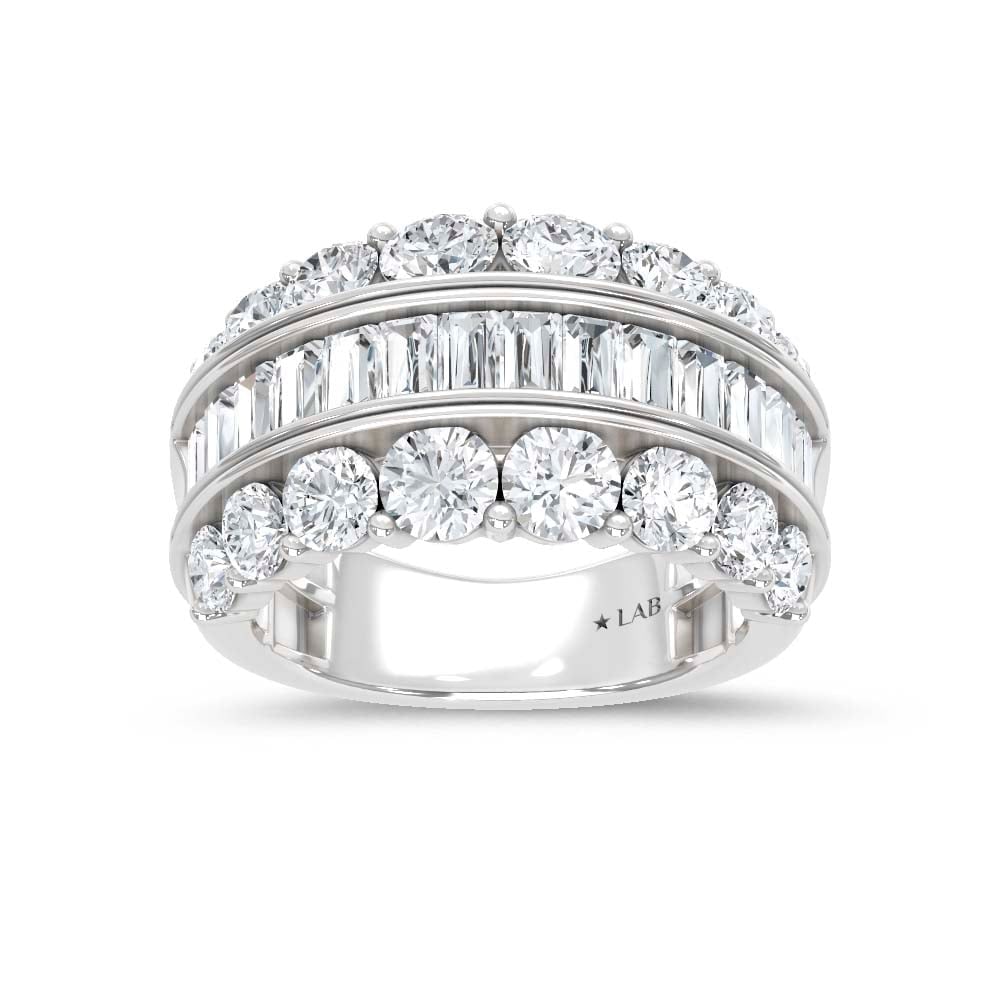 14K White Gold Lab Grown Diamond 4 Ct.Tw. Round amd Baguette Fashion Ring: 14K White Gold Lab Grown Diamond 4 Ct.Tw. Round amd Baguette Fashion Ring This breathtaking 14K White Gold fashion ring showcases round and baguette lab grown diamonds totaling 4 Ct.Tw., delivering ma