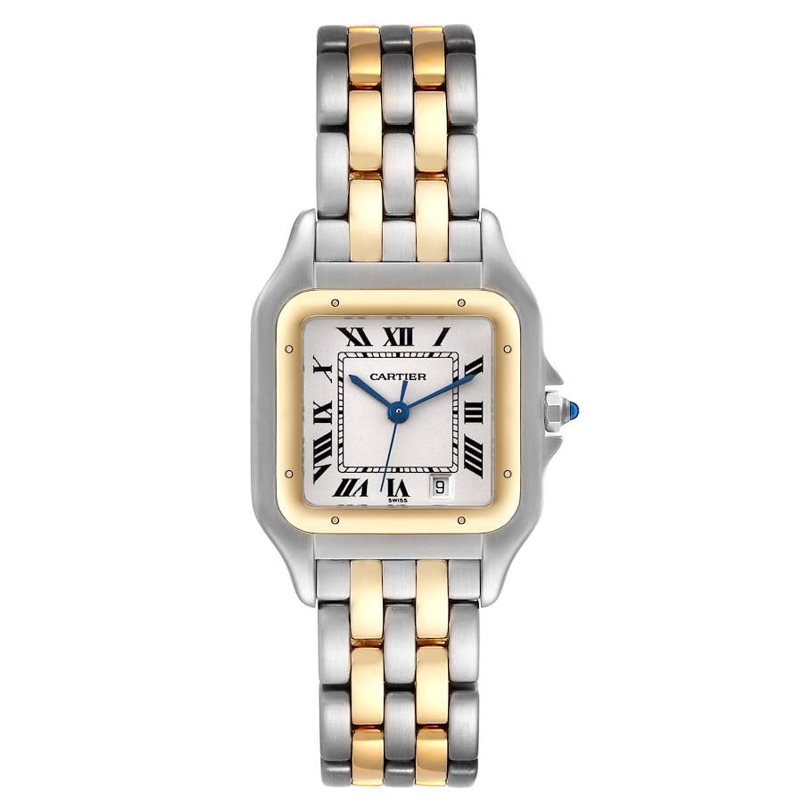 Ladies Panthere Large Watch with White Roman Dial Ref 1100 2: Ladies Panthere Large Watch with White Roman Dial Ref 1100 2 This Cartier Panthere Large wristwatch features a white Roman numeral dial and a five-row link bracelet. It is designed for ladies and is p