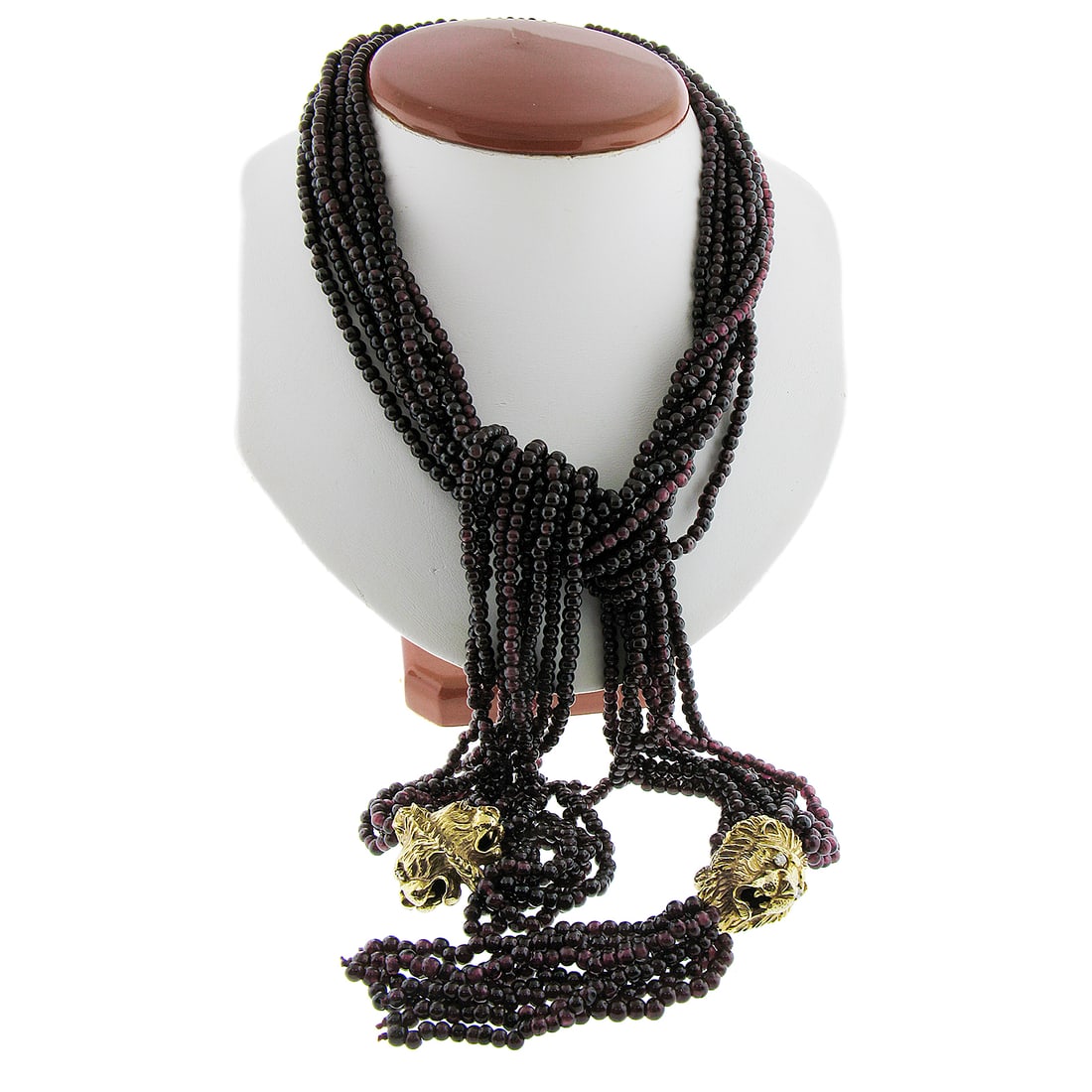 Vintage 38 Inch Rhodolite Garnet Torsade Necklace 14k Gold Lion Heads: Vintage 38 Inch Rhodolite Garnet Torsade Necklace 14k Gold Lion Heads This stunning vintage 38" Rhodolite Garnet Torsade Necklace showcases a beautiful layered design featuring numerous natural genuin
