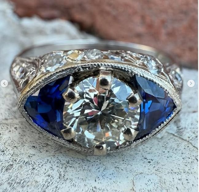 Vintage Platinum Diamond Engagement Ring with Marquise Sapphire Accents (1 of 16)