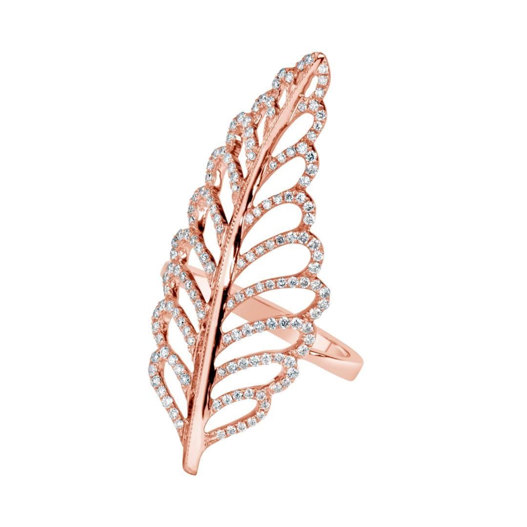 Harbor Diamonds 18K Rose Gold Leaf Ring 0.62 ct Diamonds: Harbor Diamonds 18K Rose Gold Leaf Ring 0.62 ct Diamonds This exquisite 18K Rose Gold Leaf Ring showcases a stunning design with numerous round brilliant diamonds totaling 0.62 carats. Weighing 5.47 g