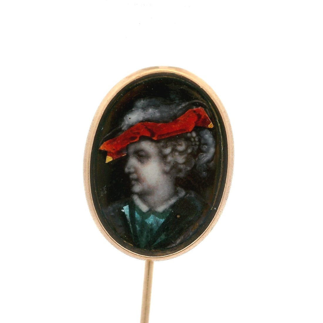 Antique Tiffany & Co. 18k Yellow Gold Hand Painted Portrait Pin: Antique Tiffany & Co. 18k Yellow Gold Hand Painted Portrait Pin Discover a timeless piece of history with this Antique Tiffany & Co. 18k Yellow Gold Hand Painted Portrait Stick Pin. This exquisite sti