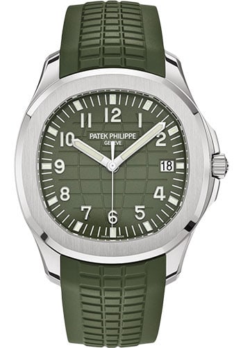 Aquanaut Ref 5168G-010 Khaki Green Dial Watch with Papers 2021: Aquanaut Ref 5168G-010 Khaki Green Dial Watch with Papers 2021 This Patek Philippe Aquanaut features a striking khaki green dial and is presented on a strap. The watch is identified by reference numbe