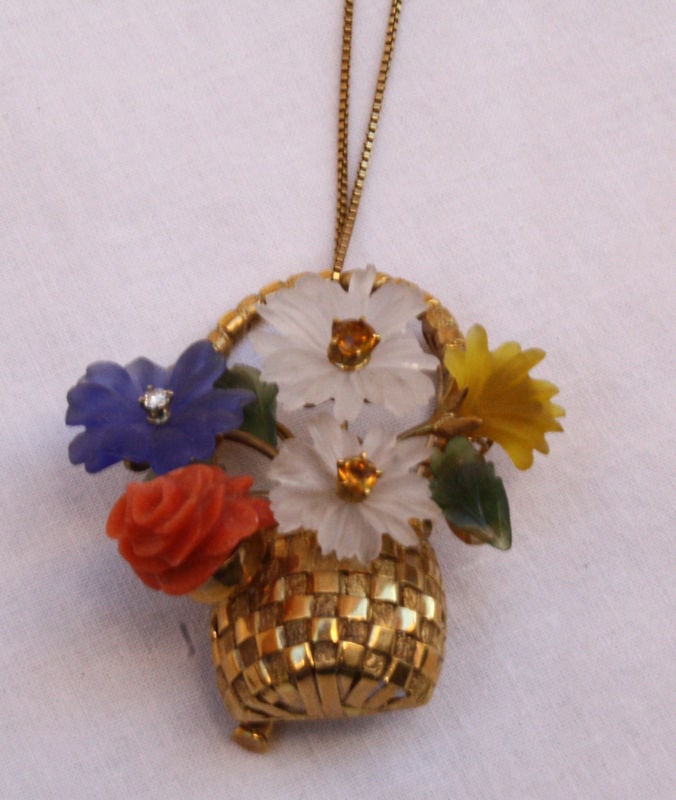 Exquisite French 18K Gold Brooch Necklace Diamond Crystal Jade Coral (1 of 6)