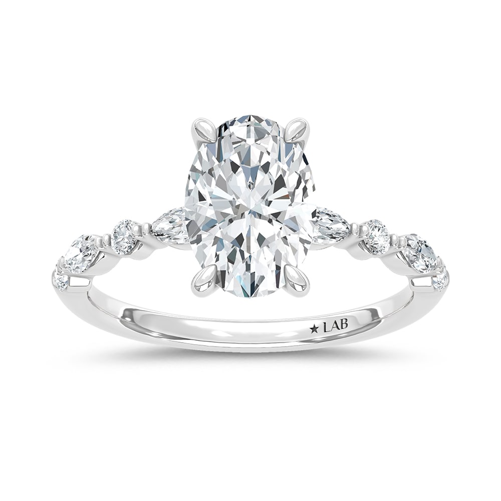 14K White Gold Lab Grown Marquise and Round Diamond 2 1/3 Ct.Tw. Engagement Ring With Oval Center: 14K White Gold Lab Grown Marquise and Round Diamond 2 1/3 Ct.Tw. Engagement Ring With Oval Center 14k White Gold Stone Color: D-f Stone Clarity: Vs This item may take 2-5 weeks for shipping. PLEASE NO