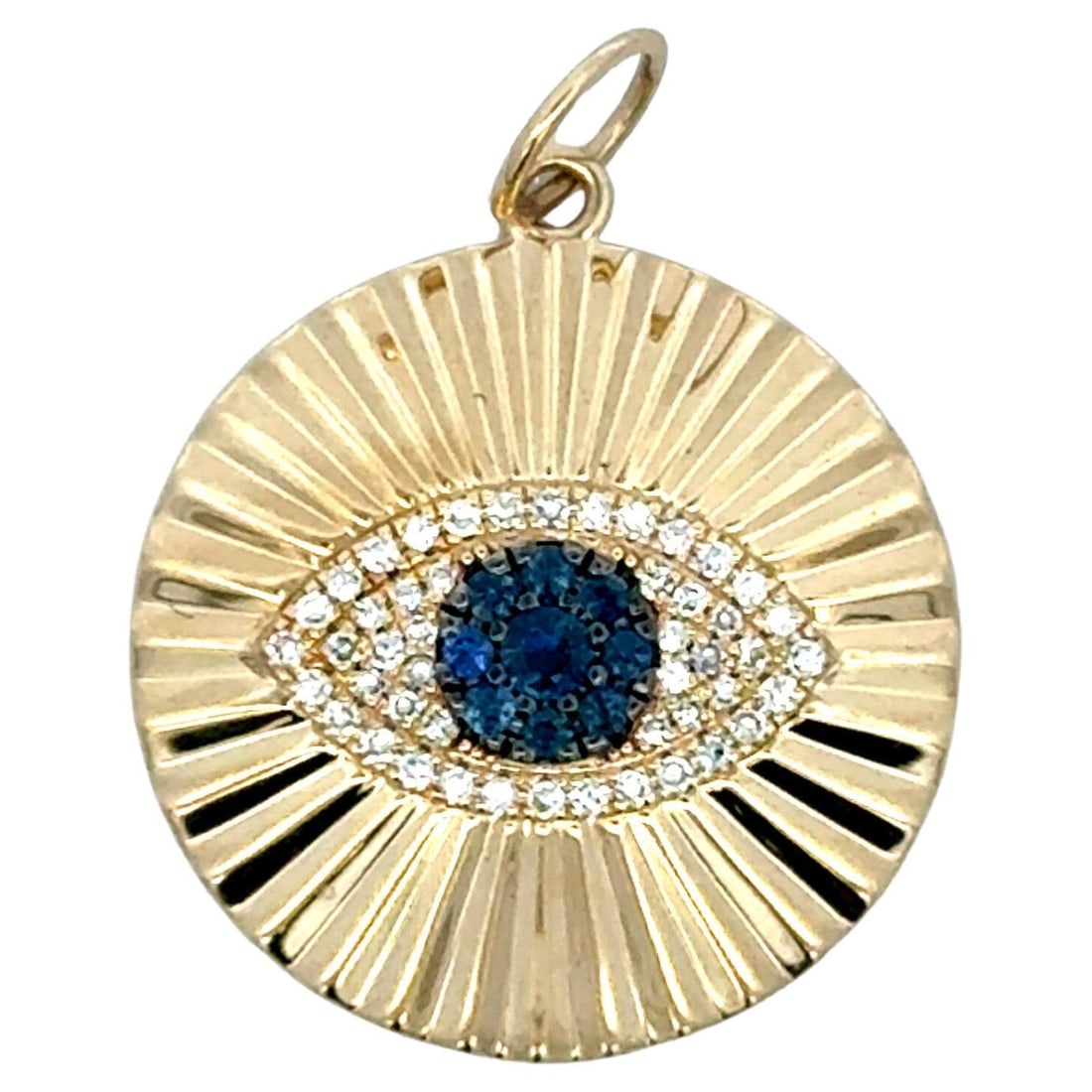 Evil Eye Fluted Medallion Pendant in 14K Yellow Gold with Diamond and Sapphire: Evil Eye Fluted Medallion Pendant in 14K Yellow Gold with Diamond and Sapphire This pendant is crafted from solid 14K yellow gold and features a contemporary fluted round medallion design. At the cent