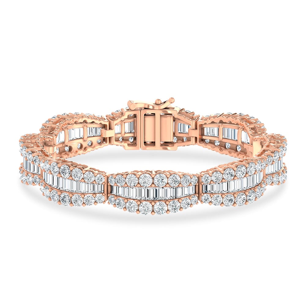 14K Rose Gold Lab Grown Diamond 15 Ct.Tw. Round and Baguette Fancy Bracelet: 14K Rose Gold Lab Grown Diamond 15 Ct.Tw. Round and Baguette Fancy Bracelet Crafted in 14K Rose Gold, this fancy bracelet showcases round and baguette lab grown diamonds totaling 15 Ct.Tw., radiating