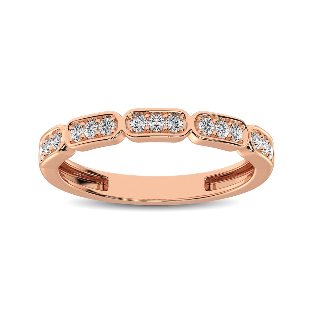 14K Rose Gold 1/5 Ct.Tw. Diamond Stackable Band: 14K Rose Gold 1/5 Ct.Tw. Diamond Stackable Band This beautiful stackable band is available in 14K Rose Gold. There are 15 round diamonds with a total carat weight of 1/5 Ct.Tw. set in a Shared Prong S