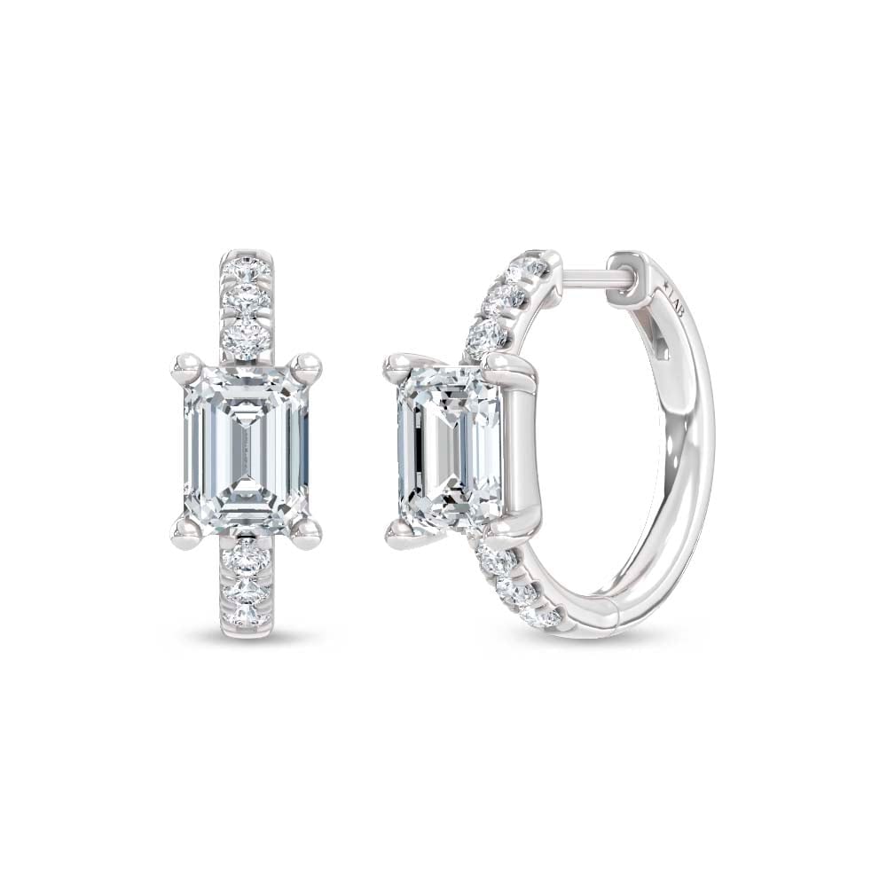 14K White Gold Lab Grown Diamond 1 3/4 Ct.Tw. Emerald and Round Hoop Earrings: 14K White Gold Lab Grown Diamond 1 3/4 Ct.Tw. Emerald and Round Hoop Earrings 14K white gold hoops featuring 1 3/4 Ct.Tw. lab-grown diamonds in emerald and round cut combination. 14k White Gold Stone