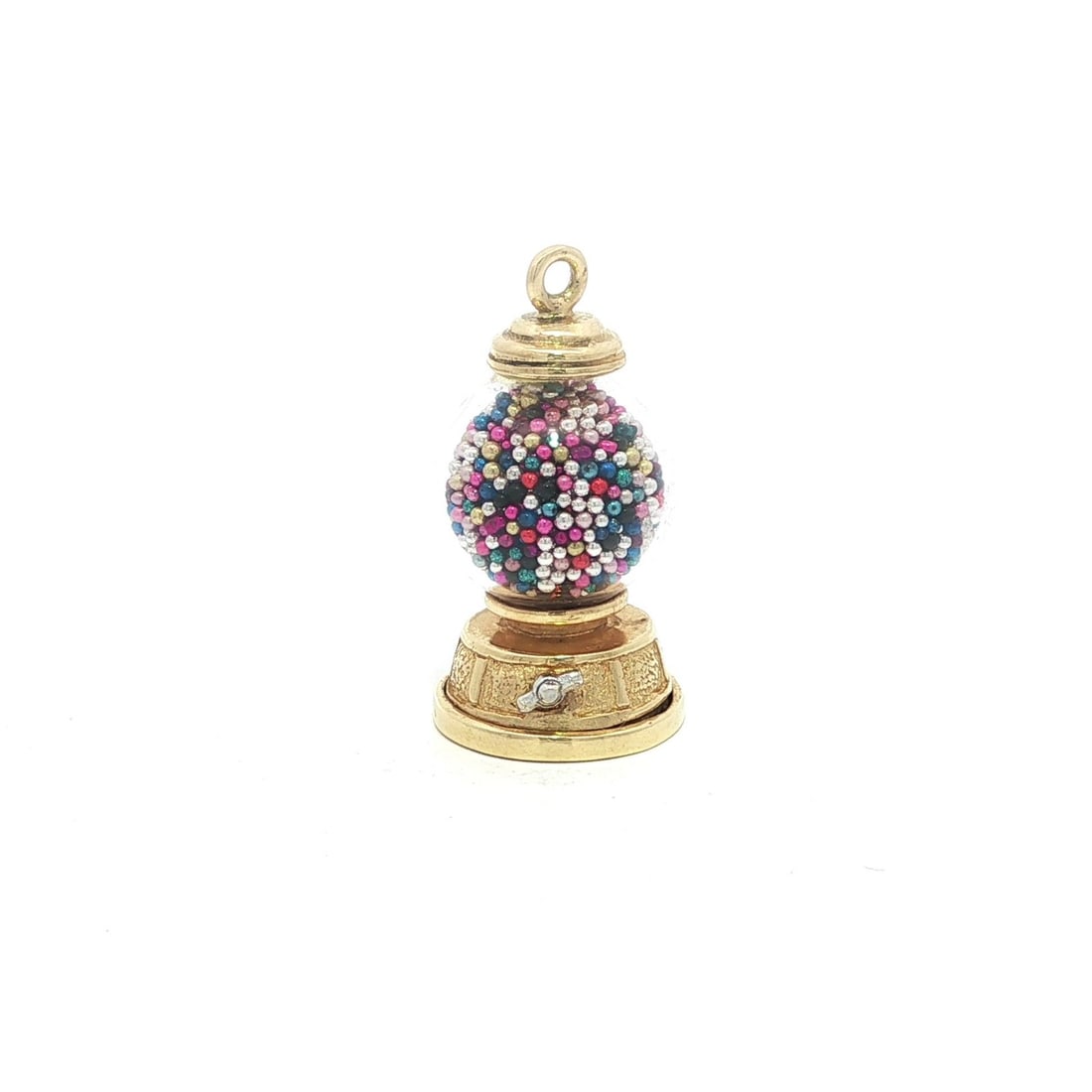 Vintage 14k Gold Gumball Machine Charm Pendant with Colorful Beads: Vintage 14k Gold Gumball Machine Charm Pendant with Colorful Beads This charming pendant features a delightful gumball machine design crafted from solid 14k yellow gold. Inside the globe, you'll find