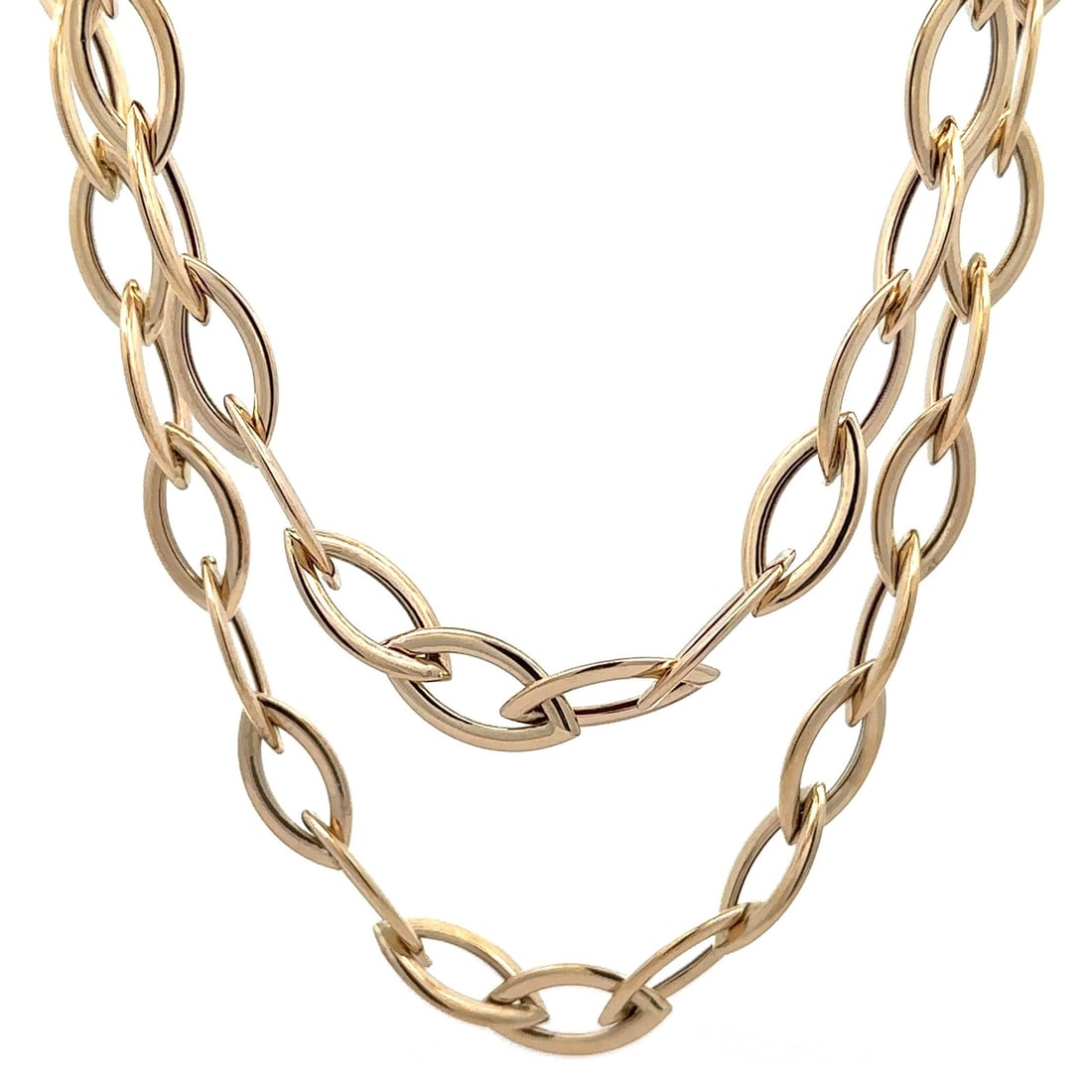 Extra Long 14k Yellow Gold Marquise Link Chain Necklace 35.5 Inch: Extra Long 14k Yellow Gold Marquise Link Chain Necklace 35.5 Inch This extra long necklace features interlocking open marquise-shaped links crafted in polished 14k yellow gold. The hollow design provi