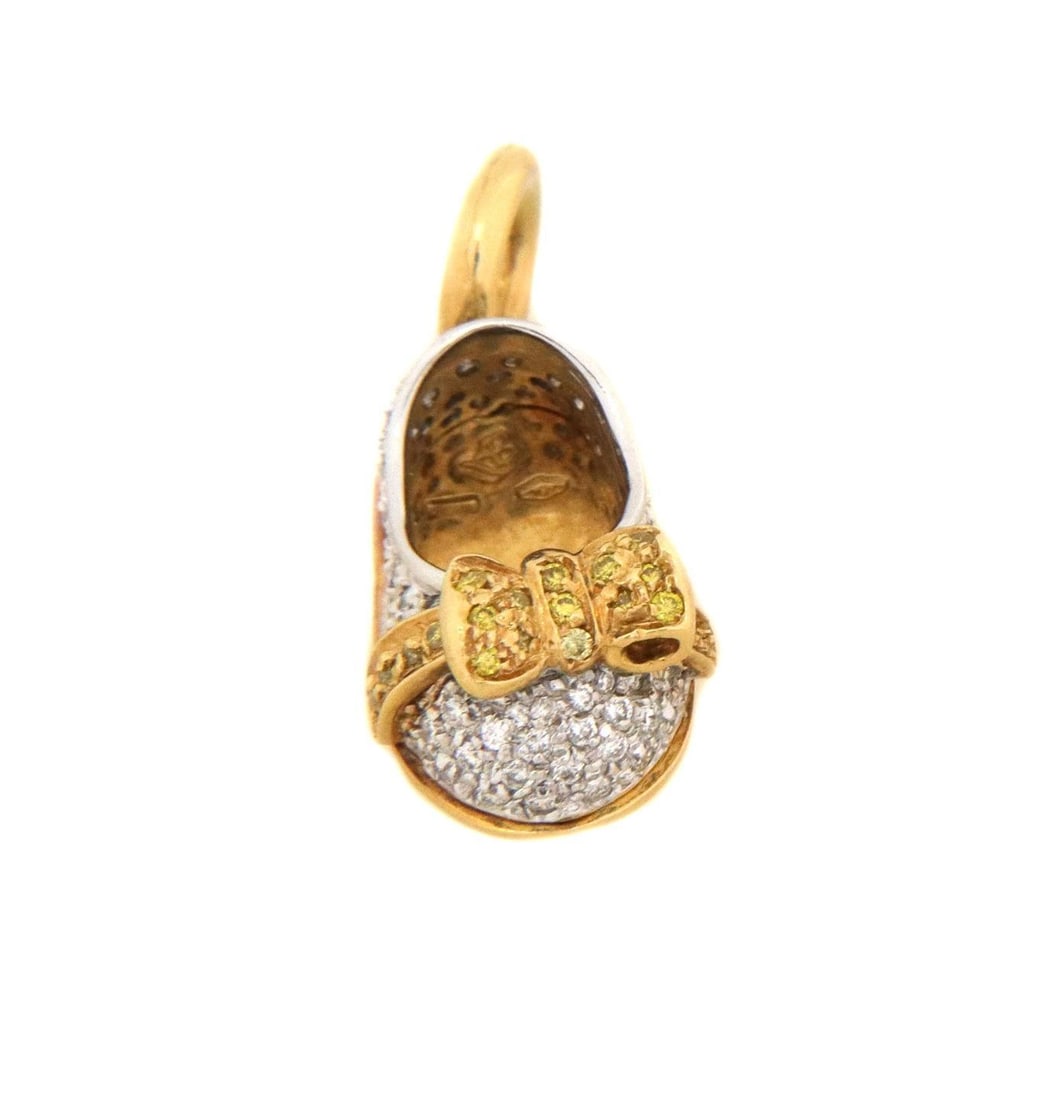 Aaron Basha 18k Gold Pave Diamond Baby Shoe Charm: Aaron Basha 18k Gold Pave Diamond Baby Shoe Charm This exquisite charm or pendant from Aaron Basha's Shoe Collection showcases a delightful baby close toe shoe design. Crafted from 18k yellow and whit
