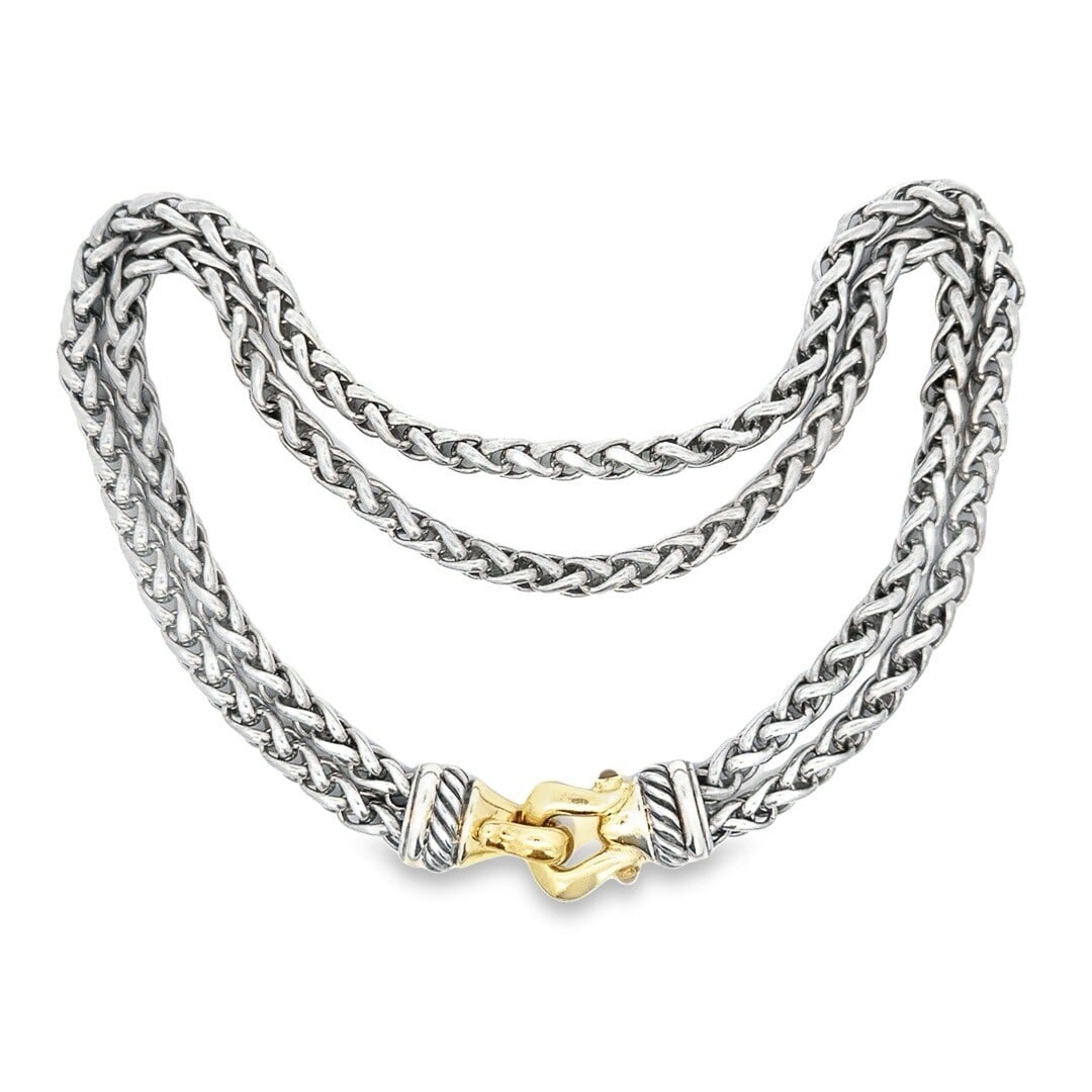 David Yurman Sterling Silver 14K Gold Wheat Link Necklace Garnet Clasp (1 of 5)