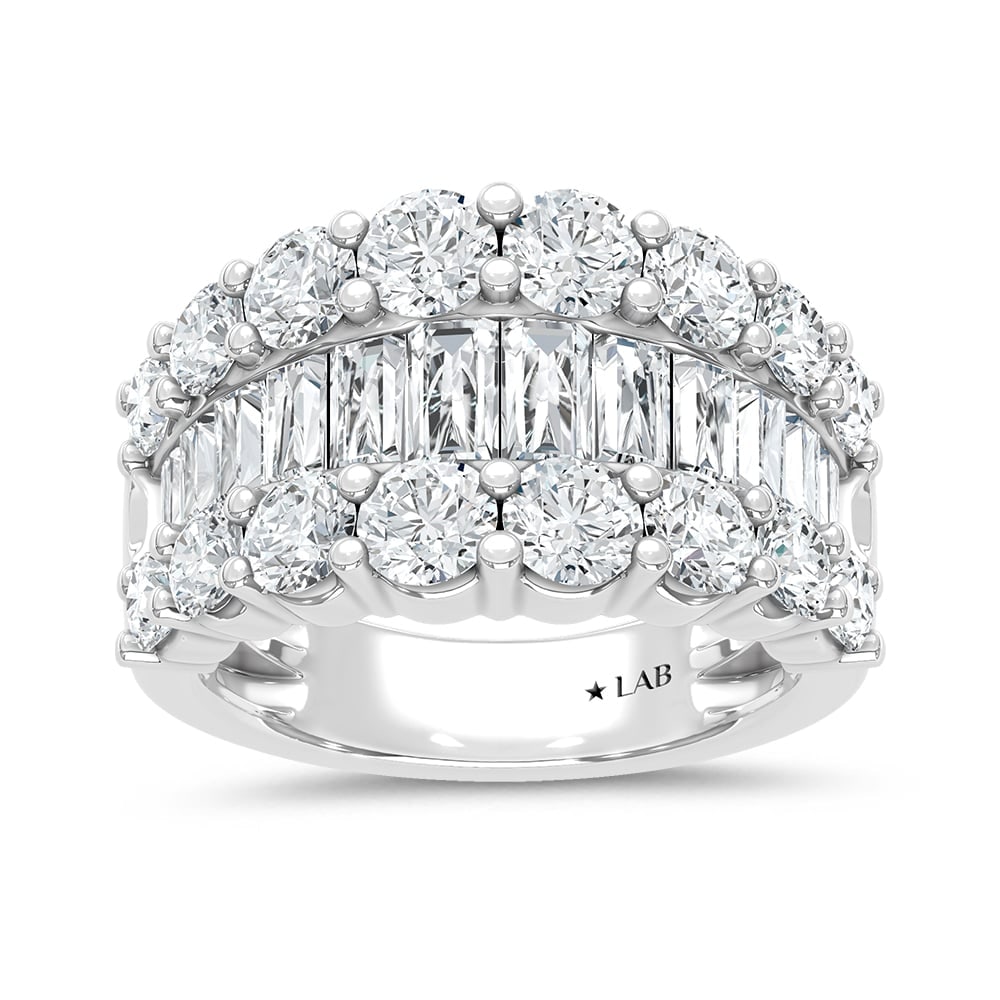 14K White Gold Lab Grown Diamond 4 Ct.Tw. Round and Baguette Fashion Ring: 14K White Gold Lab Grown Diamond 4 Ct.Tw. Round and Baguette Fashion Ring Crafted in sleek 14K white gold, this fashion ring features round and baguette lab grown diamonds totaling 4 Ct.Tw. 14k White