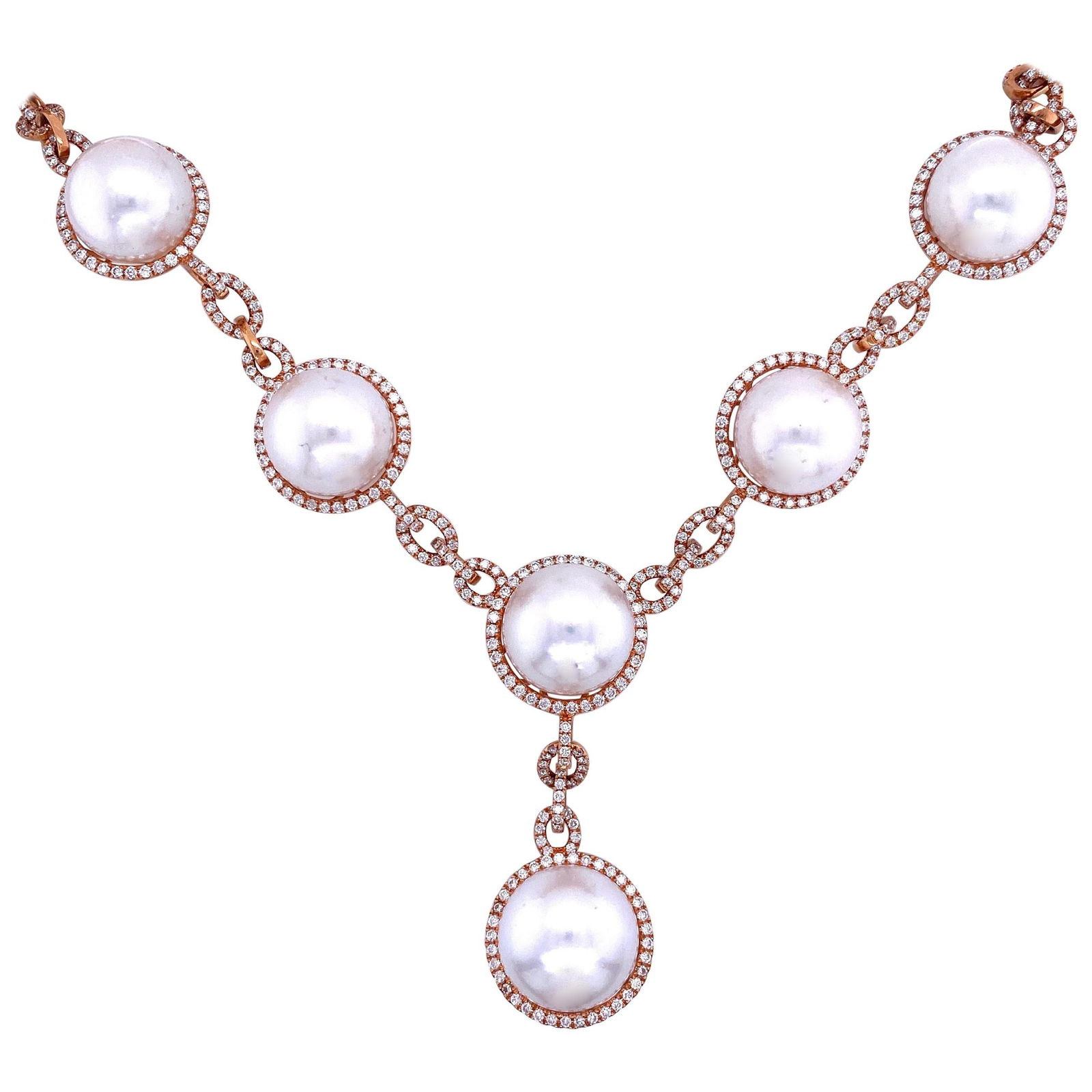 Harbor Diamonds 18K Rose Gold South Sea Pearl Diamond Drop Necklace 4.20 Carats: Harbor Diamonds 18K Rose Gold South Sea Pearl Diamond Drop Necklace 4.20 Carats This exquisite drop necklace showcases a stunning design crafted from 18K rose gold. Adorned with 8 South Sea pearls, ea