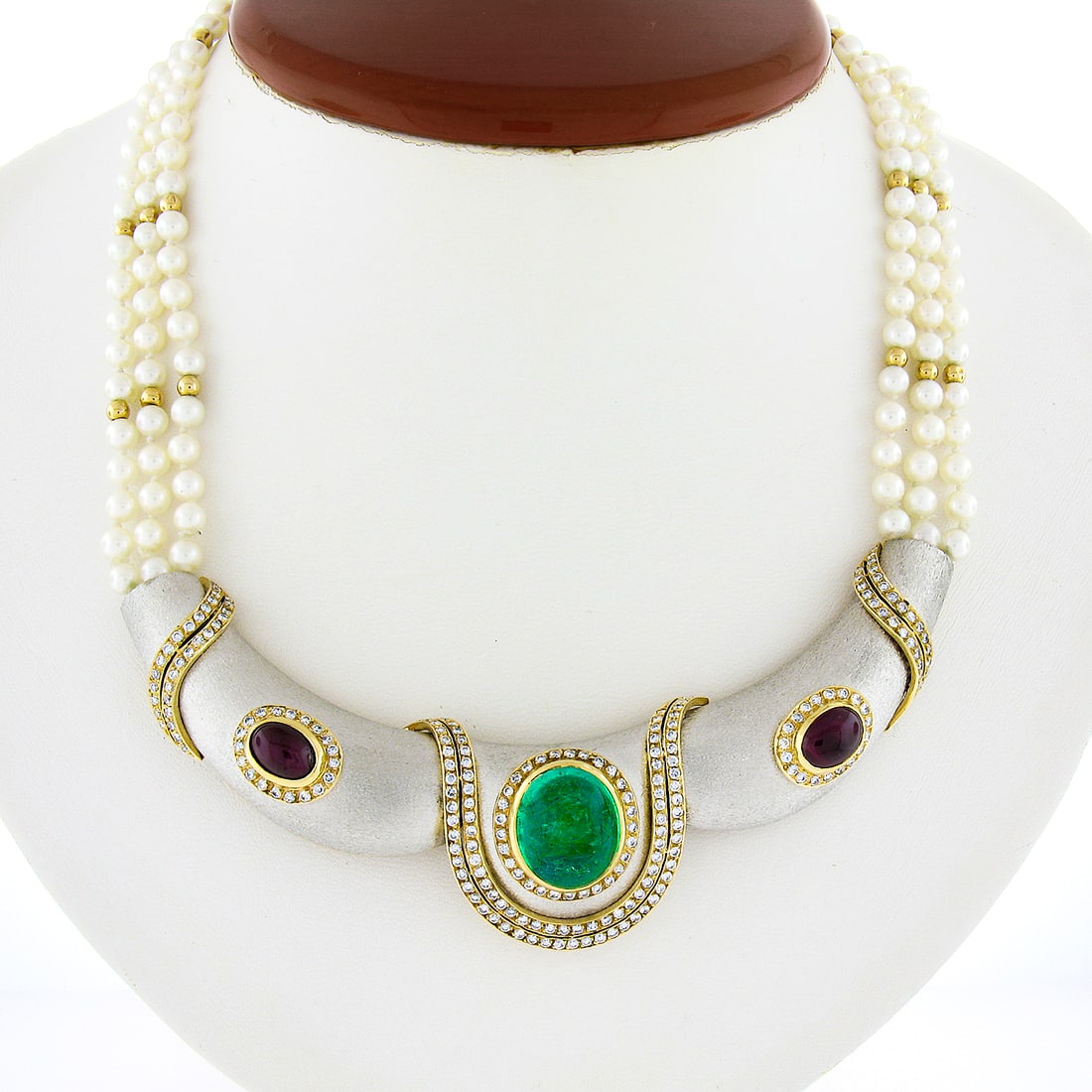 GIA Certified 18k Gold Colombian Emerald Ruby Diamond Pearl Collar Necklace (1 of 9)