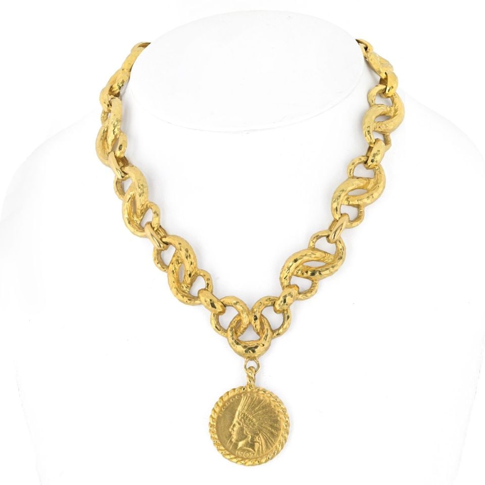 David Webb Platinum 18K Gold Hammered Coin Necklace with Detachable Charm: David Webb Platinum 18K Gold Hammered Coin Necklace with Detachable Charm This stunning necklace features a unique combination of platinum and 18K yellow gold, showcasing a hammered coin design. Weigh