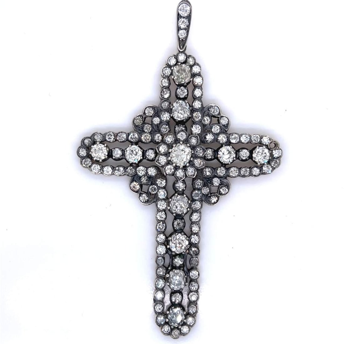 18K Gold Silver 13 Ct Diamond Cross Pendant 118 Old Mine (1 of 4)