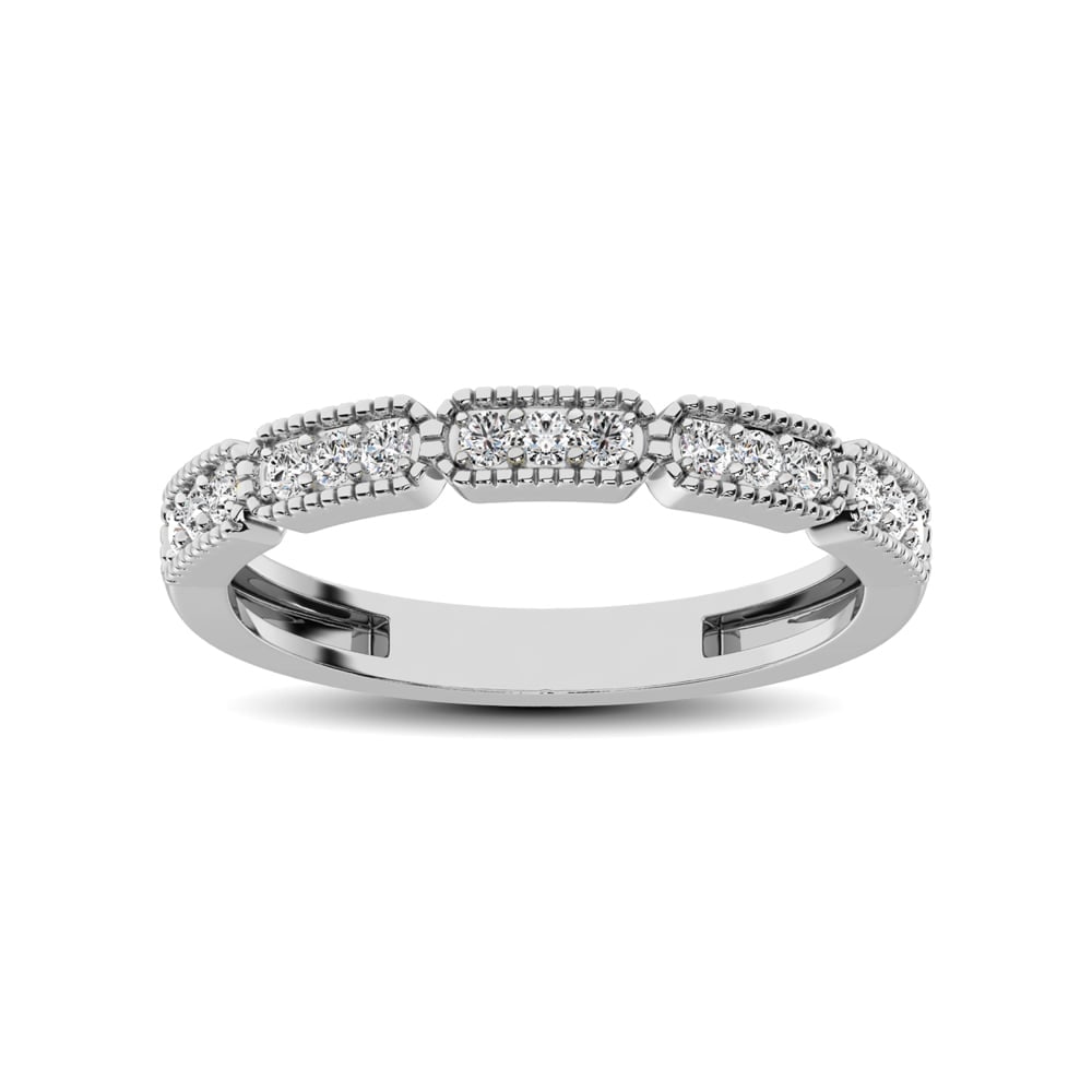 14K White Gold 1/5 Ct.tw Diamond Band: 14K White Gold 1/5 Ct.tw Diamond Band Crafted in precious 14K white gold, this slim design pairs individual diamonds with quartets of diamonds in milgrain-detailed frames for an alternating look that