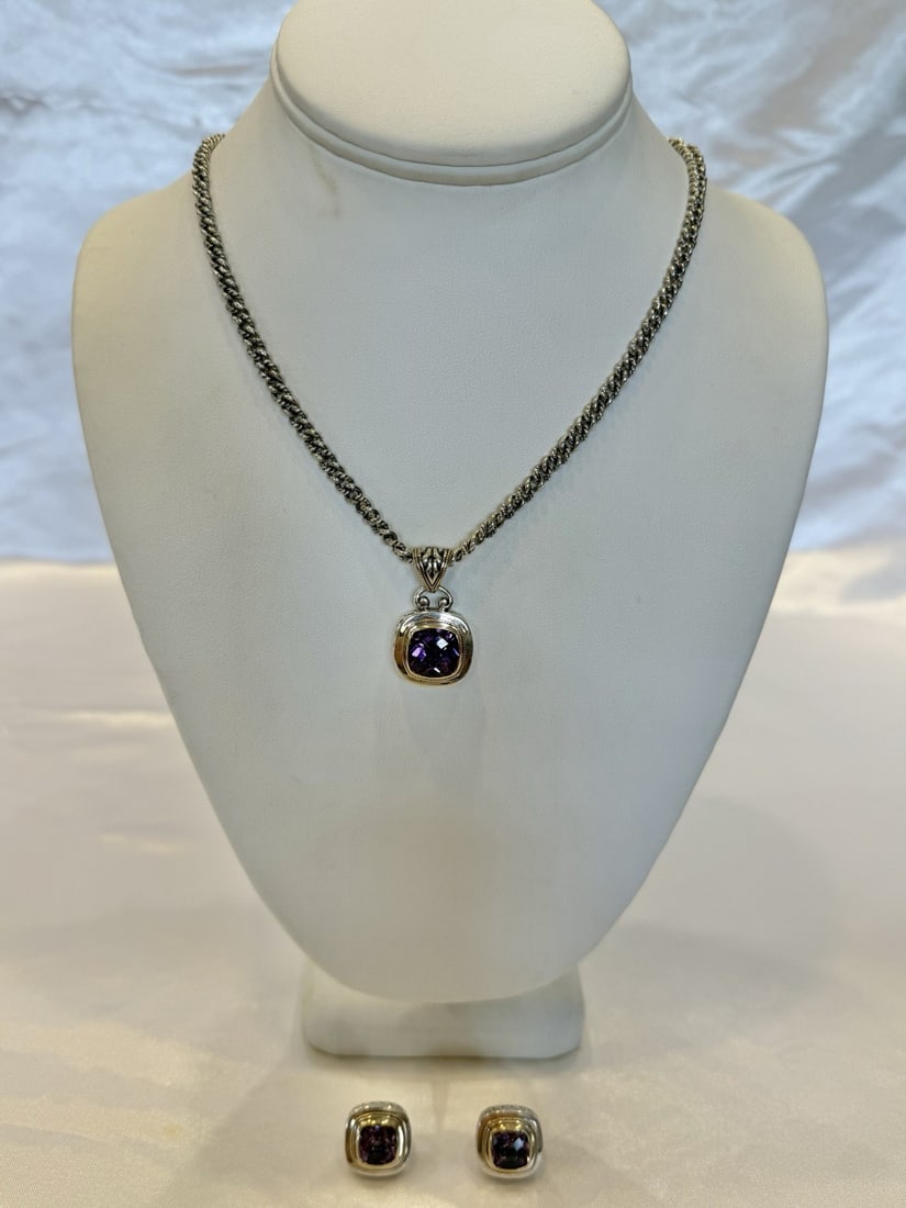 Effy 18K Gold Sterling Silver Amethyst Necklace and Earring Set: Effy 18K Gold Sterling Silver Amethyst Necklace and Earring Set This stunning jewelry set features an exquisite necklace and matching earrings from Effy. Crafted from a combination of 18k yellow gold