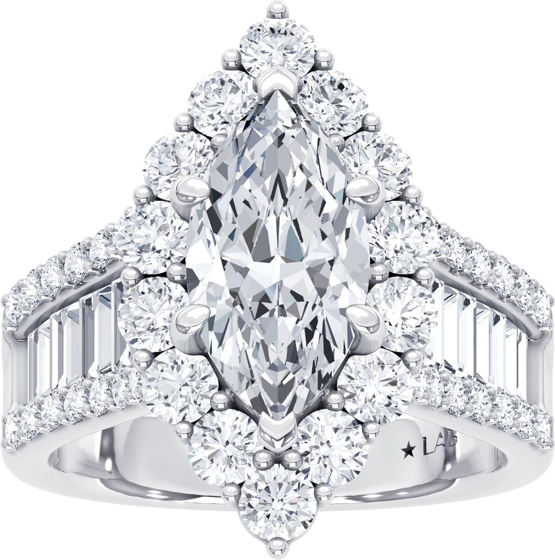 14K White Gold Lab Grown Round Shape Diamond 4 3/8 Ct.Tw. Halo Engagement Ring: 14K White Gold Lab Grown Round Shape Diamond 4 3/8 Ct.Tw. Halo Engagement Ring Celebrate your forever moment with the timeless brilliance of our Halo Diamond Engagement Ring. This exquisite piece feat