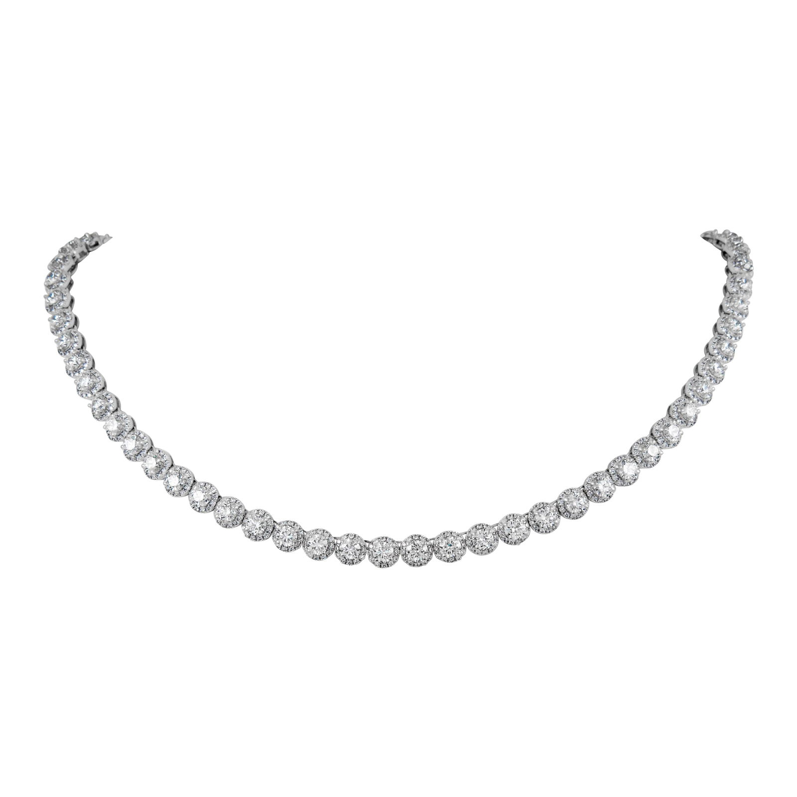 21.41ct Diamond Tennis Necklace 18k White Gold Halo: 21.41ct Diamond Tennis Necklace 18k White Gold Halo This stunning 21.41ct Diamond Tennis Halo Necklace showcases an exquisite design crafted from 18k white gold. The necklace features a total of 67 ro