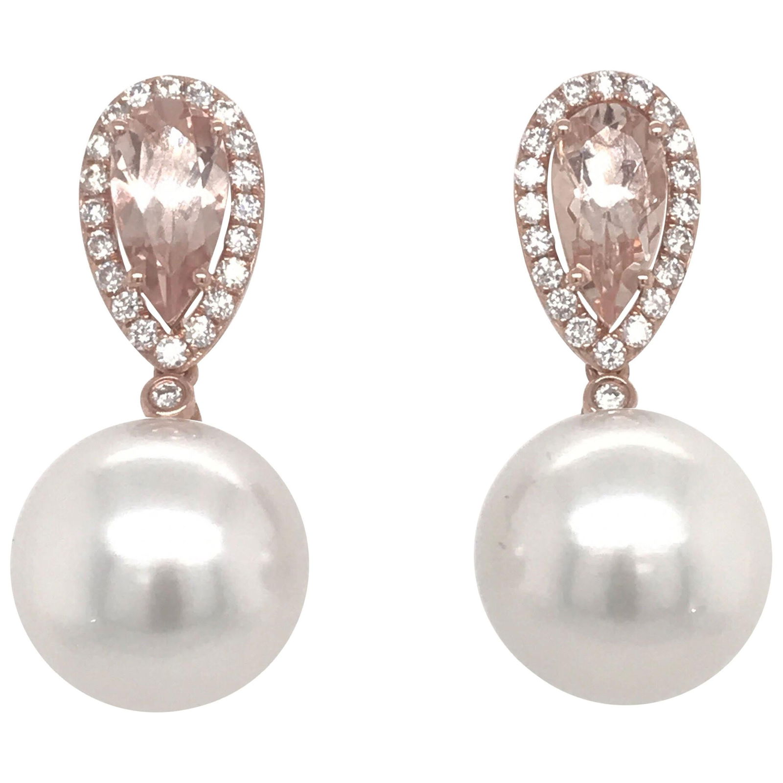 Harbor Diamonds 18K Rose Gold Morganite South Sea Pearl Earrings 2.03ct Diamond: Harbor Diamonds 18K Rose Gold Morganite South Sea Pearl Earrings 2.03ct Diamond Elevate your elegance with these stunning drop earrings crafted in 18K rose gold. Each earring features two exquisite