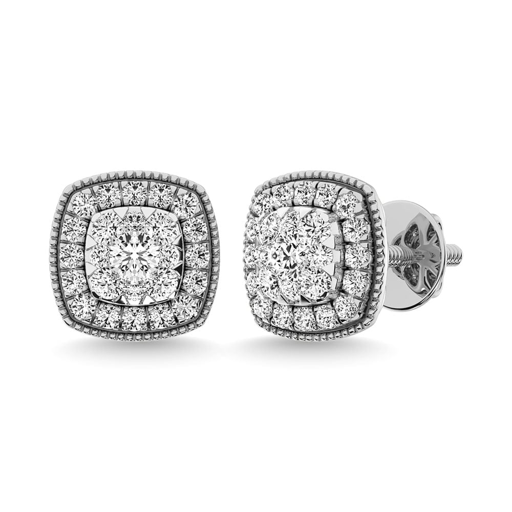 Diamond 5/8 Ct.Tw. Cluster Earrings in 14K White Gold: Diamond 5/8 Ct.Tw. Cluster Earrings in 14K White Gold 14k White Gold Stone Color: G-h Stone Clarity: I1 This item may take 2-5 weeks for shipping. PLEASE NOTE: Framed, Large, or heavy items do not